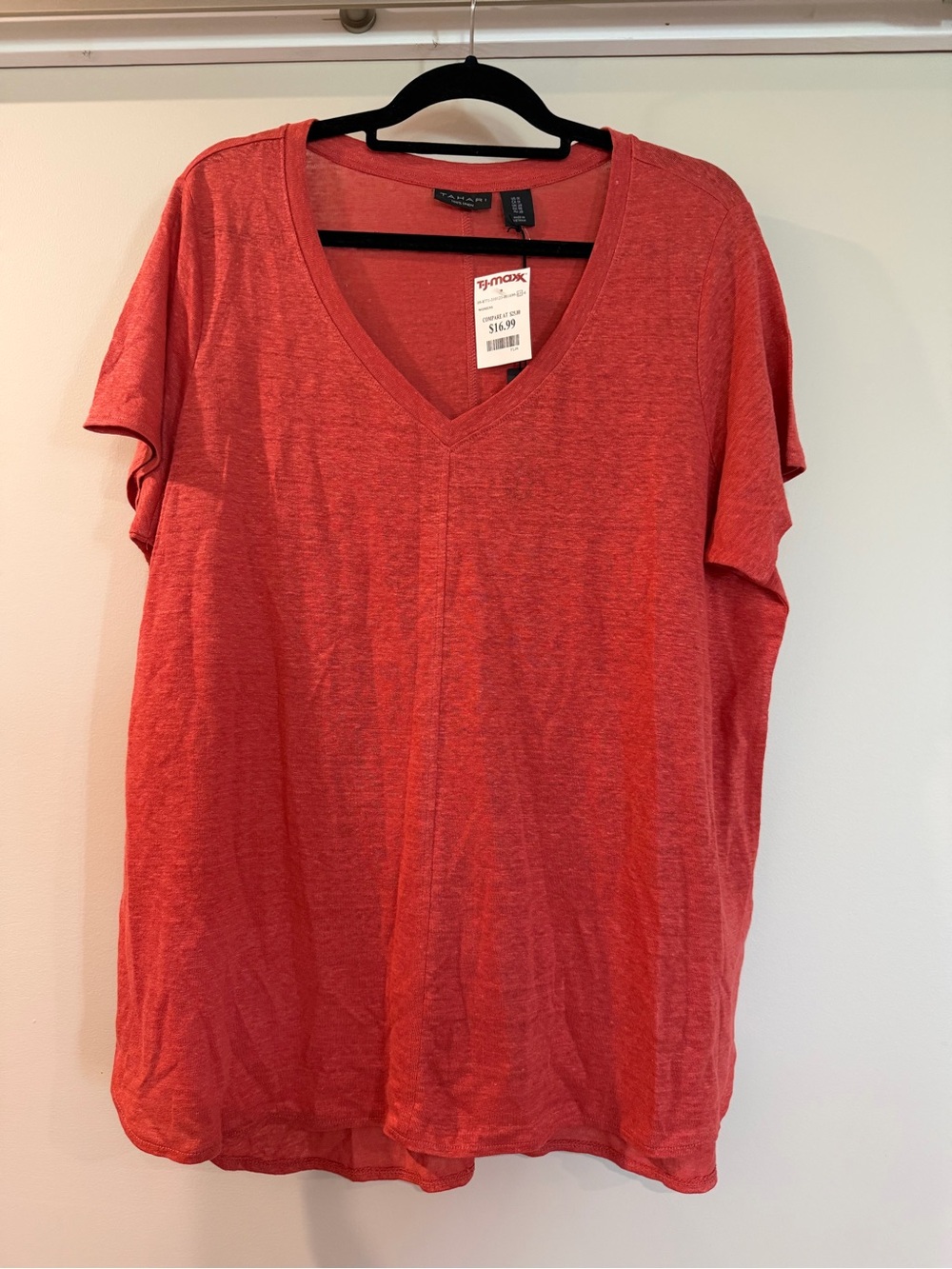 Tahari Burnt Orange V-Neck Short Sleeve Linen Tee
